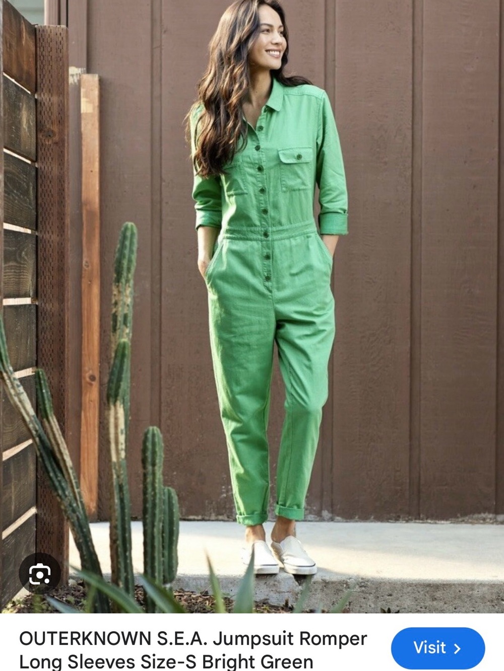 Outerknown SEA jumpsuit, Casual Green Utility Jumpsuit with Button Front.